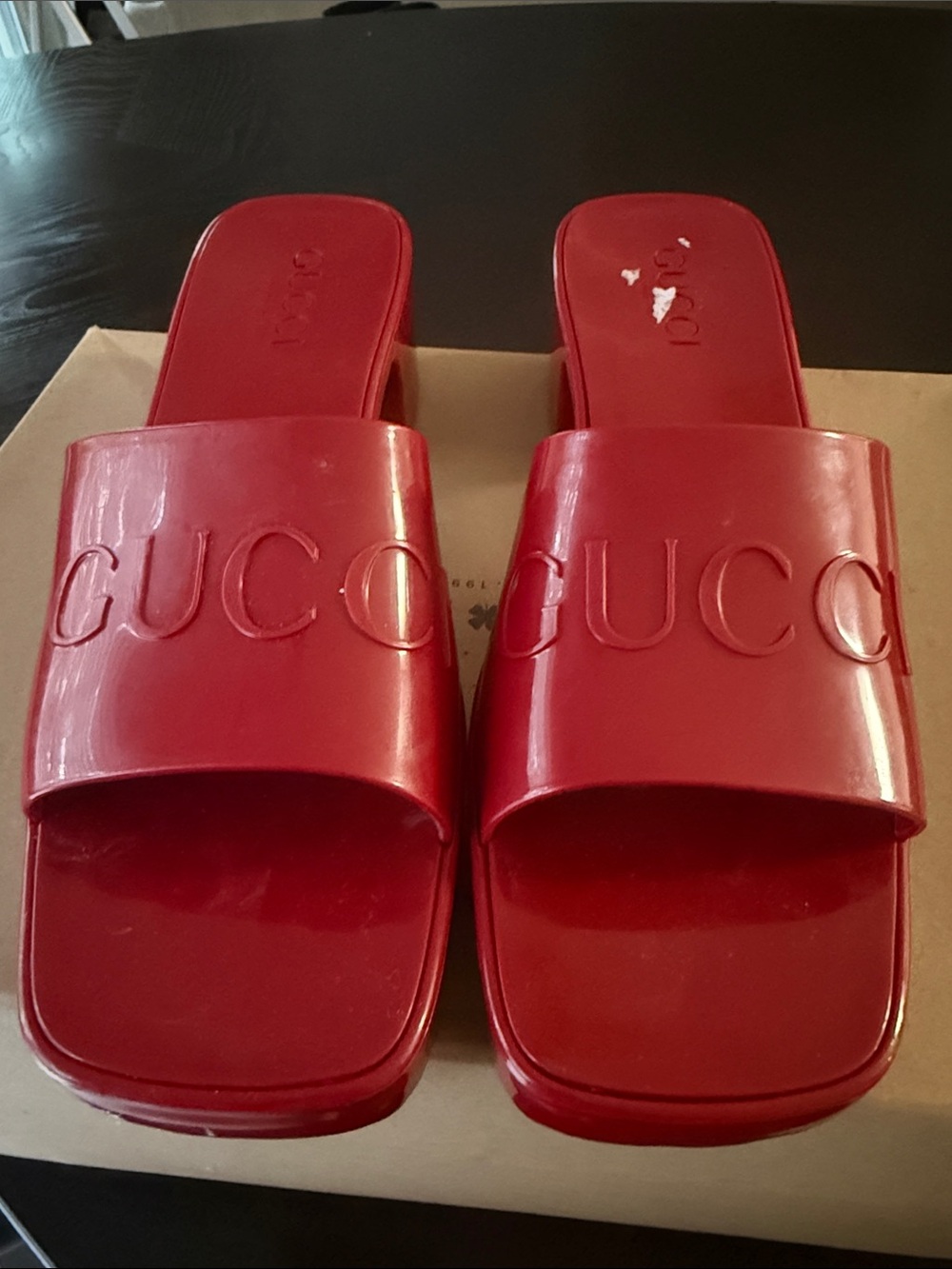 Gucci Red Block Heel Slide Sandals
